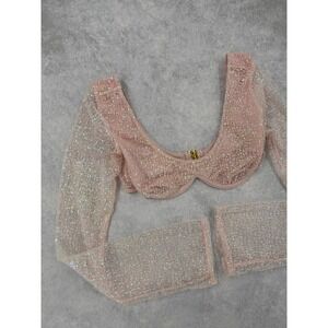Beginning Boutique Pink Sequin Long Sleeve Underwire Crop Top Festival Size 2